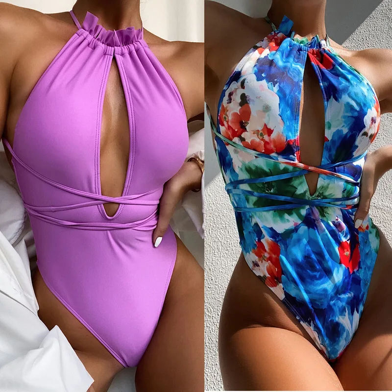 Купальники 2021, купальный костюм на заказ, ремешок, фиолетовый слитный купальник, купальник с высоким вырезом, слитный купальник