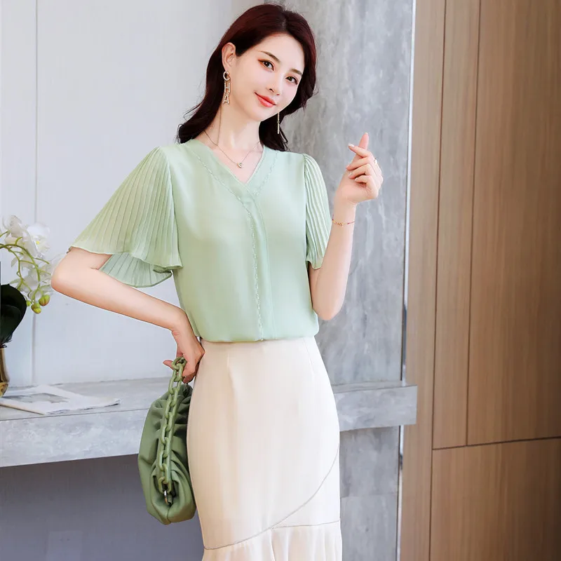 Qiao si han edition fashion girls 】 the new summer 2020 snow v-neck choli female ZY900 chiffon unlined upper garment |