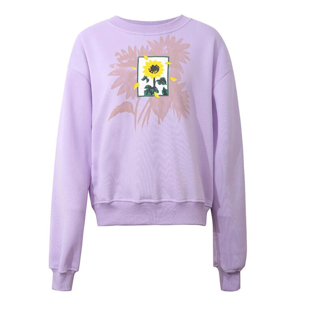 Sunflower Printed Women Pullovers Candy Color Long Sleeve Round Collar Clothes Tops Casual Girl Korean Style Sweetshirts