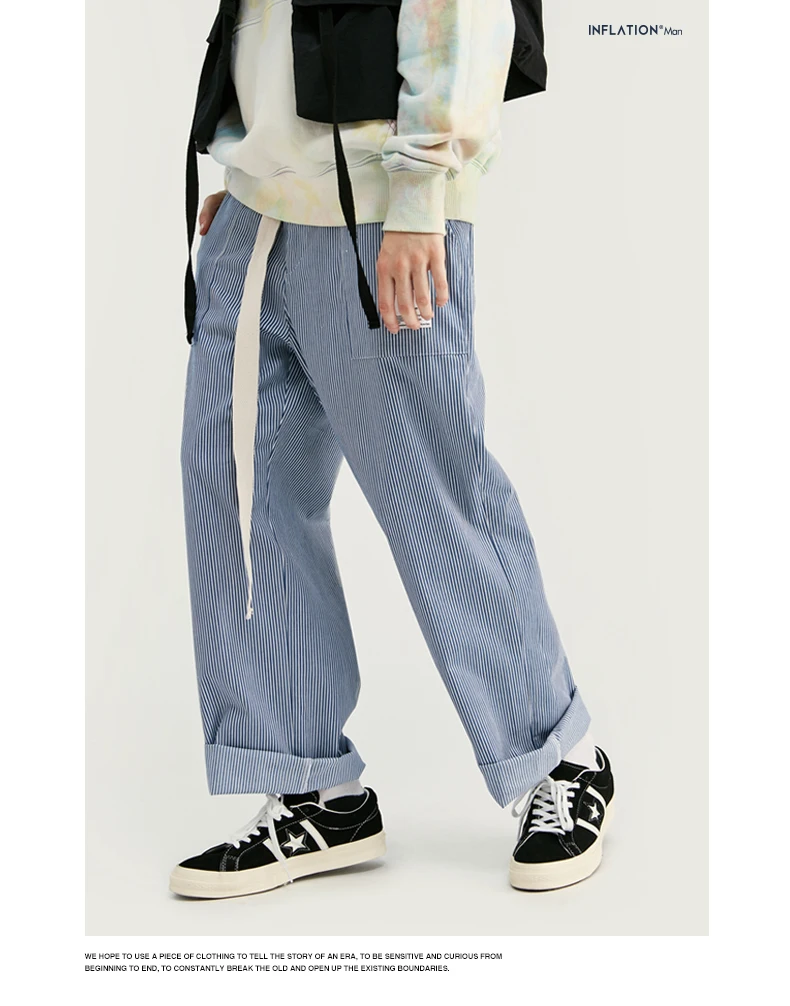INFLATION Men Casual Pants Winter Streetwear Old Fashion Stripe Pants Straight Elastic Waist Casual Stripe Men Pants 93421W