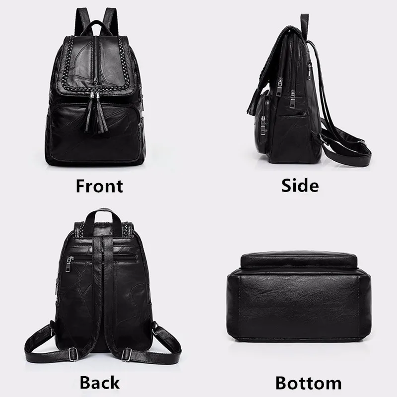 

Women's PU leather backpack School bag classic black waterproof travel multi-function Shoulder bag