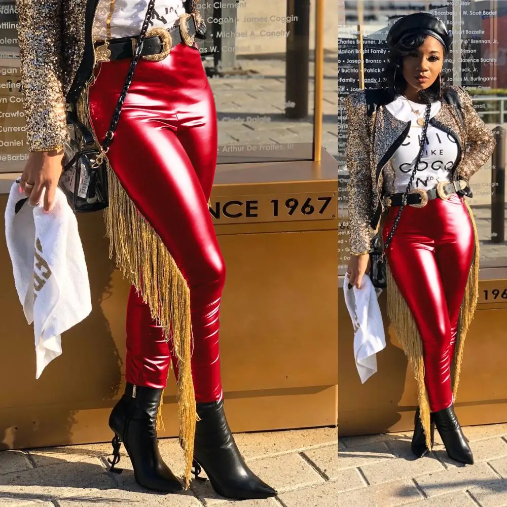 

Pure Color Pu Leather Slim-fit Pencil Long Pants 2020 Hot Sale Streetwear Women Empire Waist Skinny Trousers With Tassel