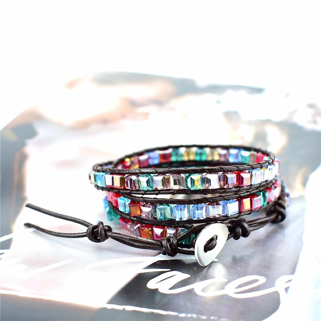 

2020 Exclusive Leather Bracelet Brown Leather Rainbow Crystal Beads Mix 1 2 3 Strands Men and Women Wrap Bracelet Gift Jewelry