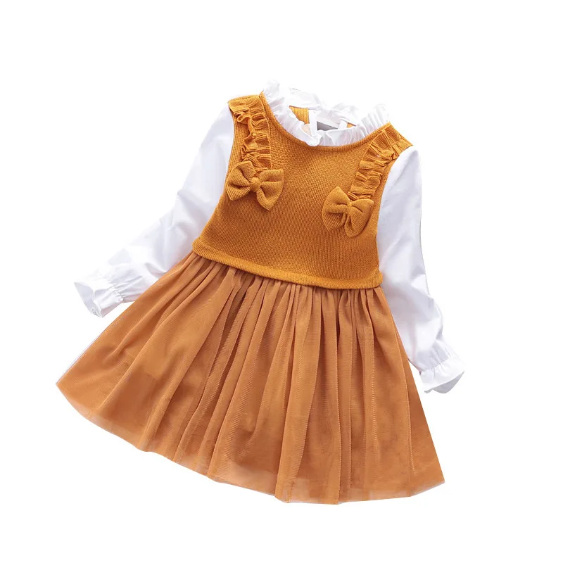 

KIDS Baby Girl Dress Kids Party Dresses Children Girls Clothes knitting Long Sleeve bow patch Tutu Little Princess clothing 2-7Y
