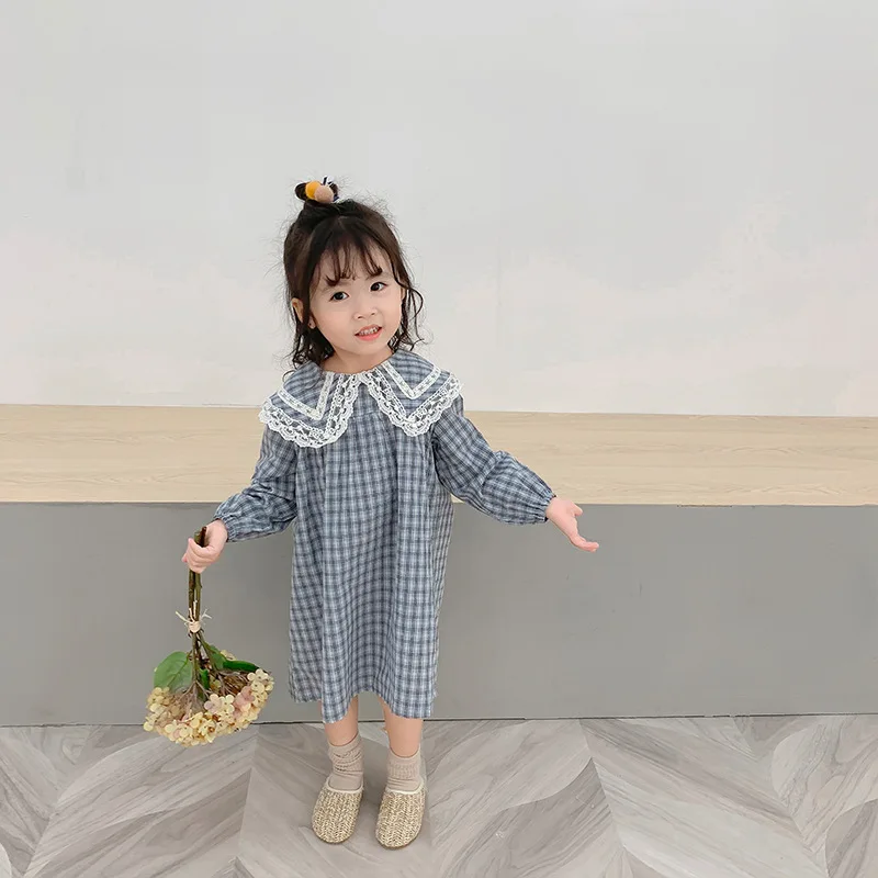 Baby Girls Plaid Dress Korean Style Autumn New Chic Children Princess Dresses Lace Collar Robe Toddlers Kids Clothes