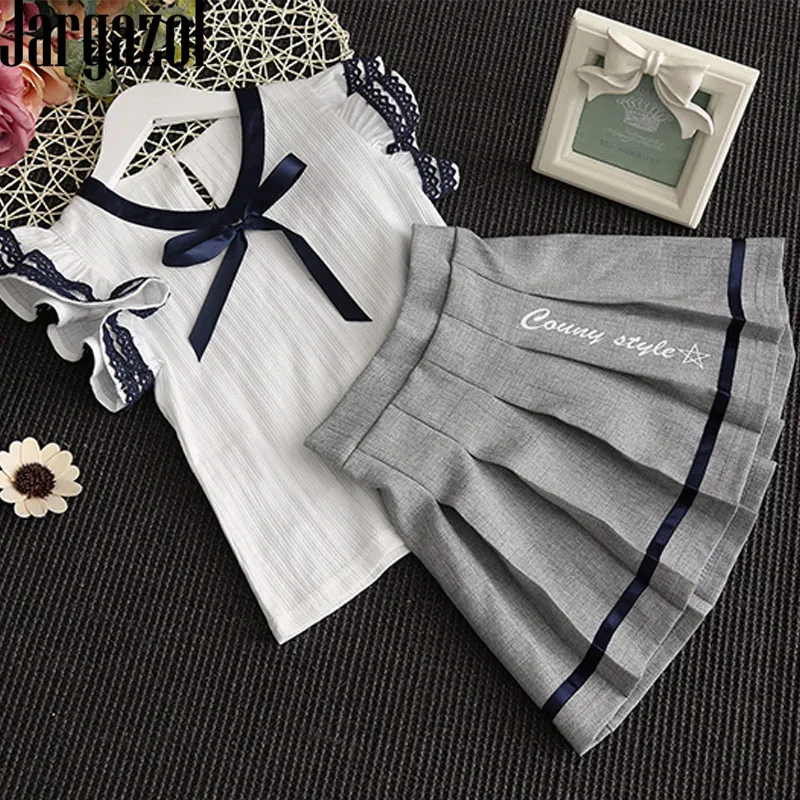 Jargazol/детская одежда в школьном стиле летний кружевной топ с галстуком-бабочкой и