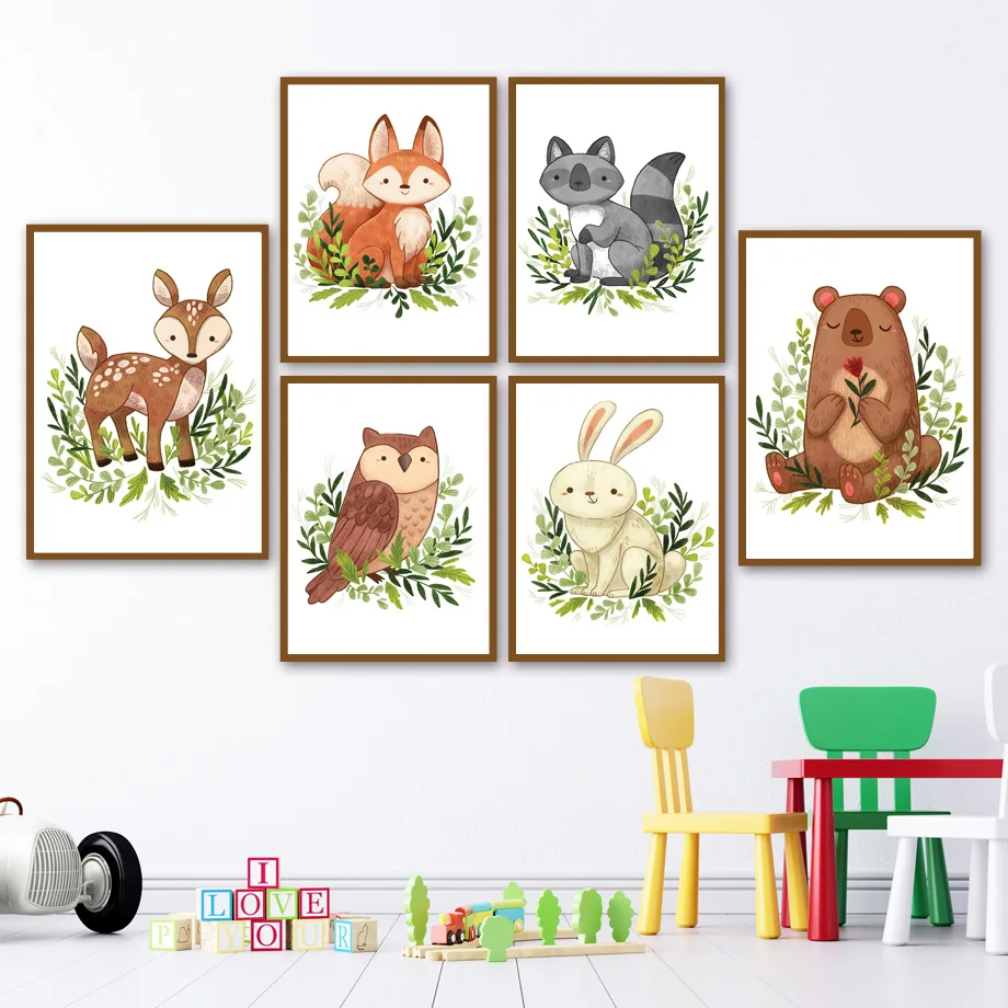 

Woodland Deer Fox Rabbit Bear Raccoon Owl Nursery Wall Art Canvas Painting Posters And Prints Wall Pictures Baby Kids Room Decor