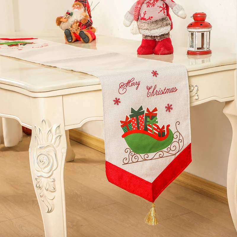 

Christmas Linen Printed Table Runner With Tassel Snowflake Tablecloth Table Layout Placemat New Year Christmas Decoration