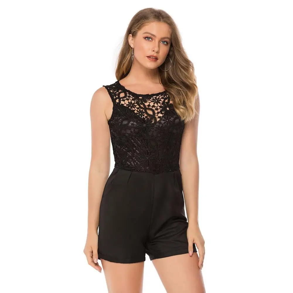 Женский кружевной комбинезон без рукавов повседневный однотонный с круглым