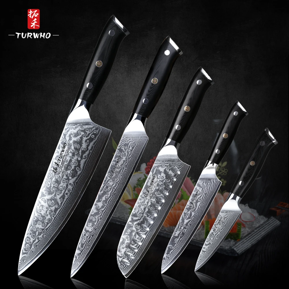 

TURWHO 5PCS Kitchen Knives Set Pro Damascus Stainless Steel Knife Sharp Chef Santoku Slicing Utility Paring Knife Set G10 Handle