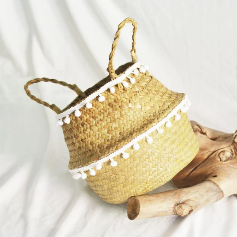 Handmade Bamboo Storage Baskets Nordic Foldable Laundry Straw Wicker Rattan Seagrass Belly Garden Flower Pot Planter Basket