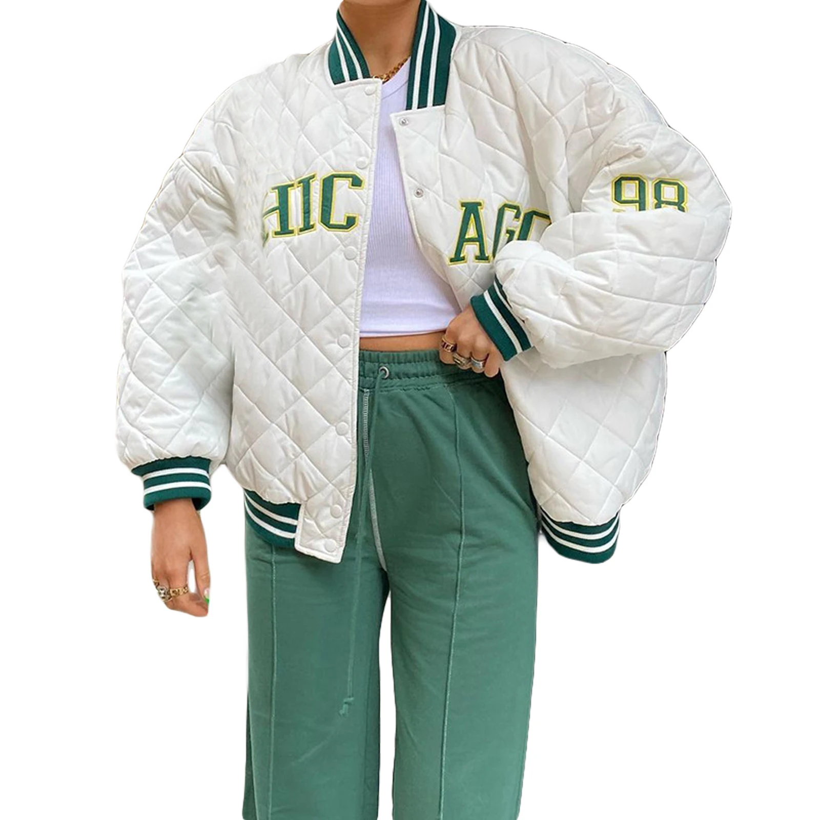 

Женская Повседневная стеганая куртка с длинным рукавом, винтажная открытая бейсбольная куртка с буквенной вышивкой