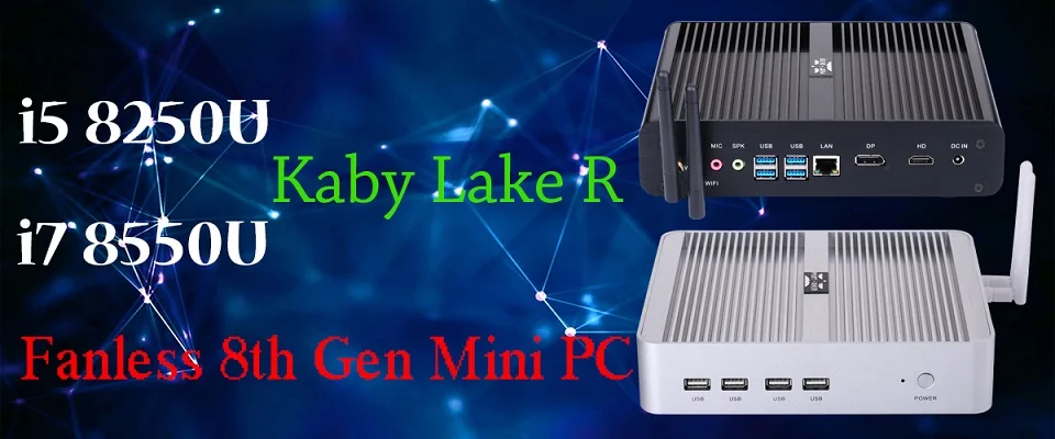 Причастником безвентиляторный мини-ПК i7 8565U i7 8550U Kaby Lake 4 ядра 8 потоков 2* DDR4 M.2 PCIe мини-компьютер Windows 10 Pro DP HDMI HTPC