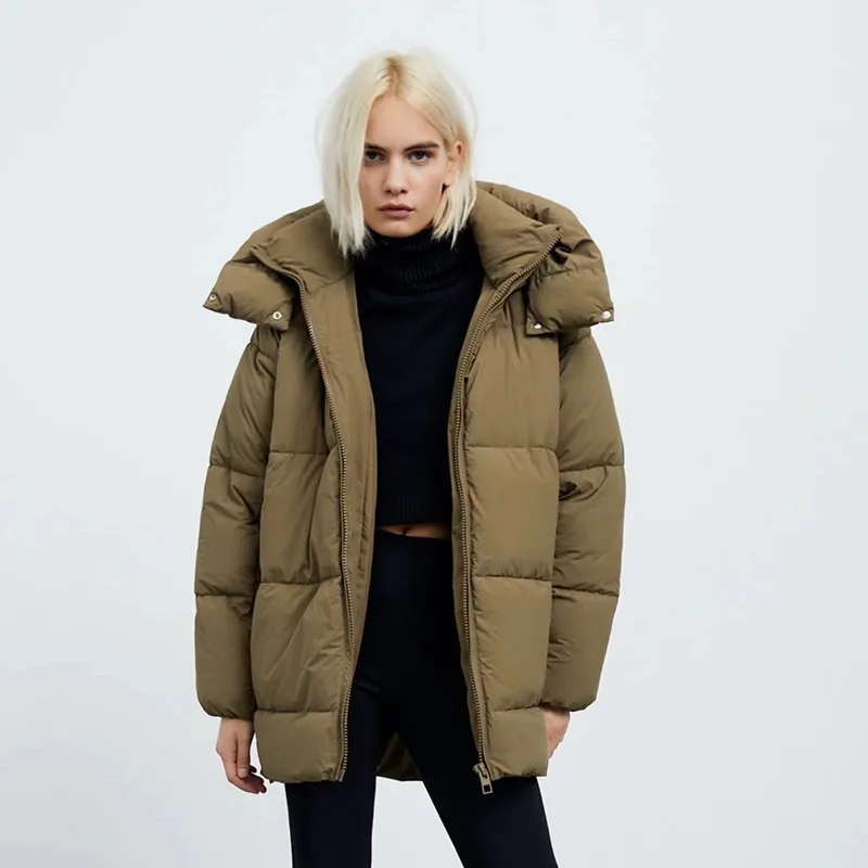 ZA 2021 Winter Down Jacket Collection Fashion Solid Stand-up Collar Women Coat Elegance Oversize Hooded Women's Jackets