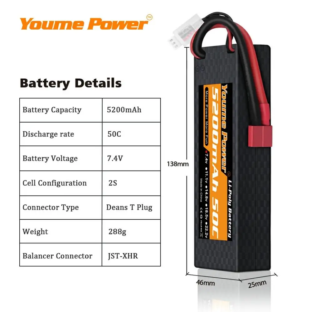 Youme-bater&iacute;a Lipo 2S de 7,4 V, 5200mah, 50C Deans T XT60 EC3 Deans, carcasa dura para coche RC, Dron FPV, helic&oacute;ptero, avi&oacute;n, barco, cami&oacute;n, 2 uds.-1