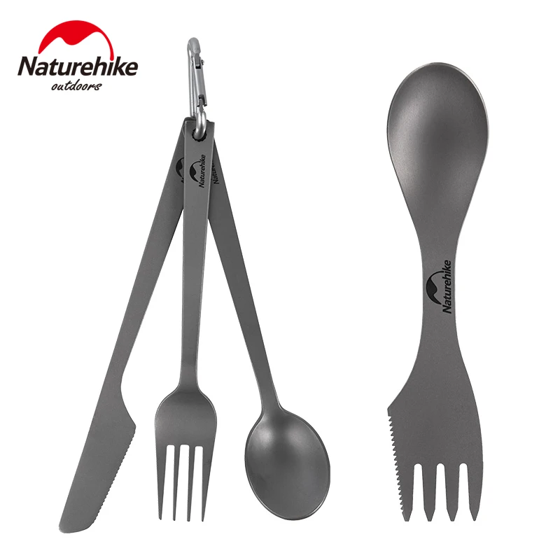 

Naturehike Dinnerware Portable Titanium Spoon Fork Steak Knife Set Travel Cutlery Tableware Outdoor Camping Tableware Set 3 in 1