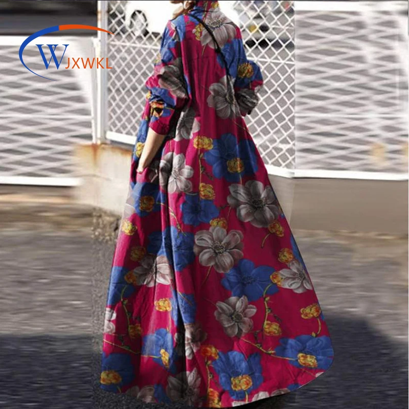 

WJXWKL 2021 сезон: весна-лето размера плюс новинка из хлопка и льна с винтажным принтом большие качели городских со стоячим воротником модное сво...