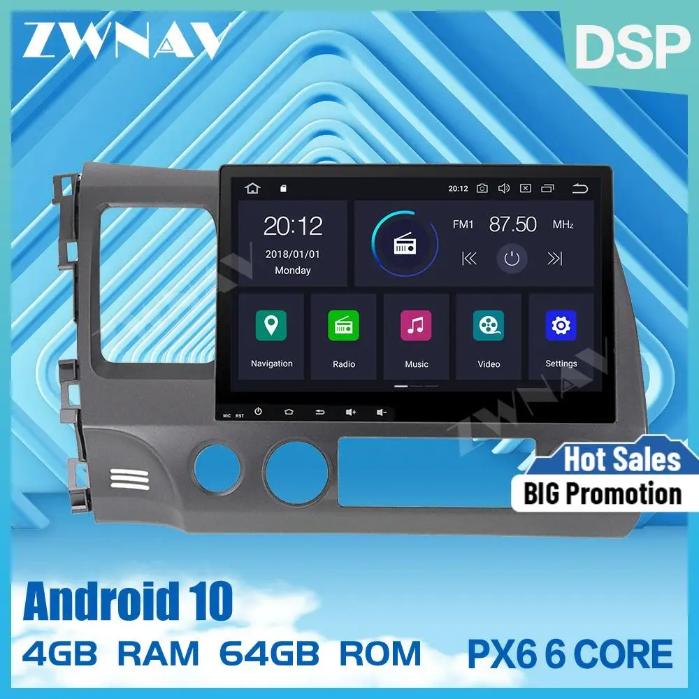 Автомобильный DVD стерео Мультимедийный Плеер PX6 4G + 64G Android 10 0 для Honda Civic 2007 2011 радио