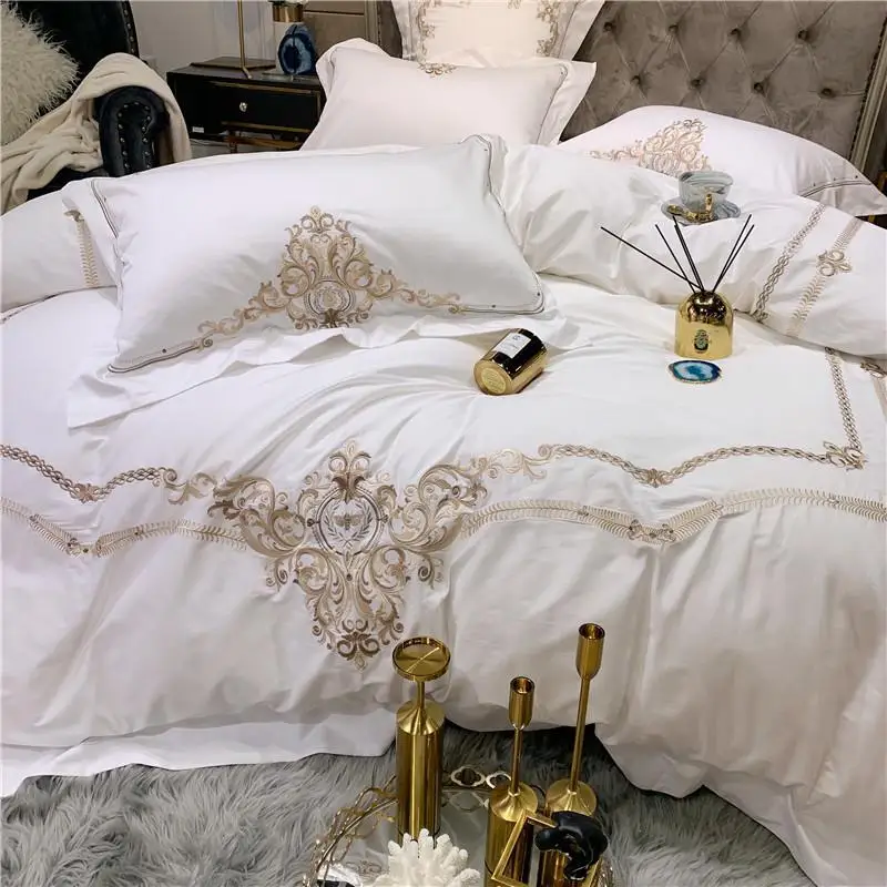 J2 1000TC Египетский хлопок бежевый Вышивка Постельное белье комплект с