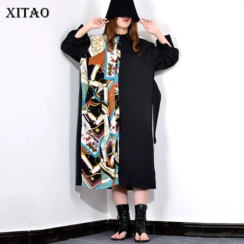 XITAO/платье средней длины с принтом в стиле пэчворк поясом женская одежда 2019
