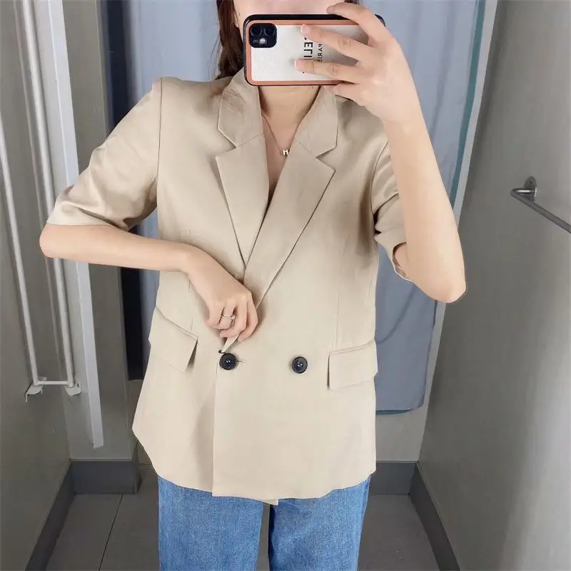 

ZA Spring Autumn Women Blazer Casual Casual Short Sleeve Coat 2021 Pocket Turn Down Collar Elegant Fashion Overcoat Outwear