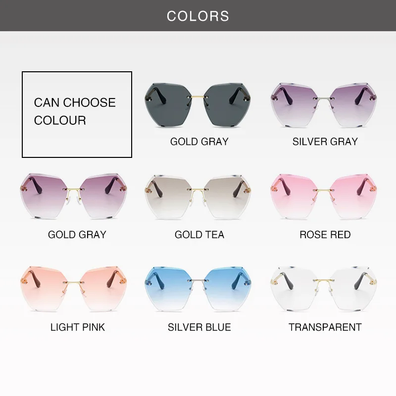 

Fashion Polygon Trimmed Frameless Sunglasses Women Brand Designer Rimless UV400 Glasses Gradient Ocean Square Metal Eyewear
