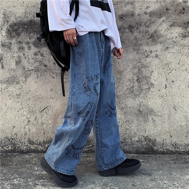 Джинсы женские с принтом динозавра милые свободные штаны завышенной талией