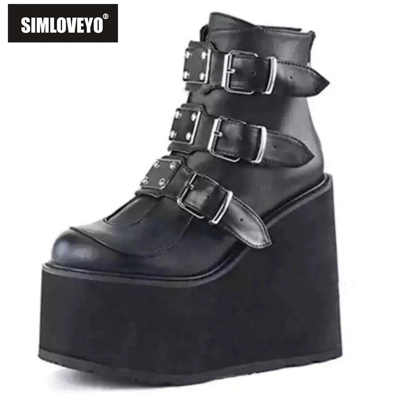 

SIMLOVEYO зимние женские ботинки с пряжкой на щиколотке, женские панковские ботинки на платформе, женские ботинки на высокой танкетке из искусс...