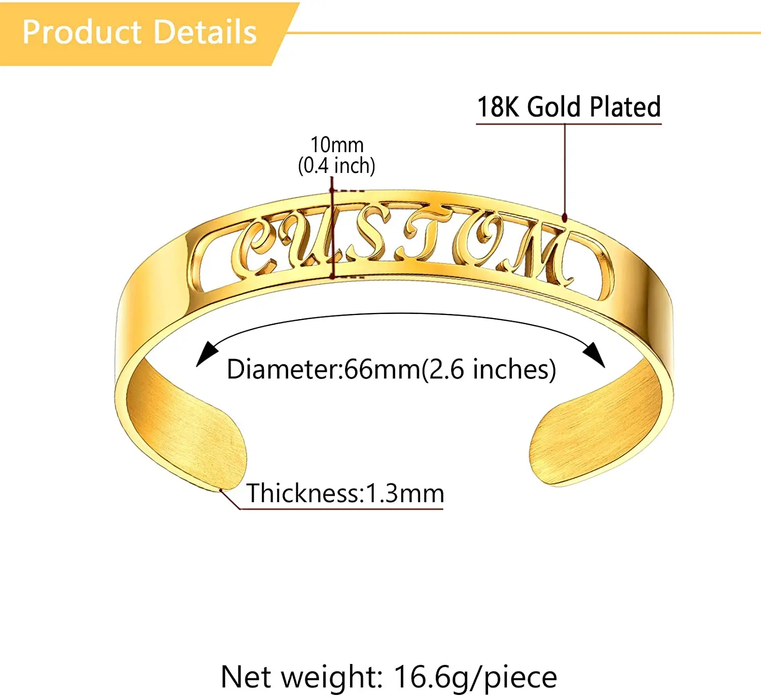 U7 Cuff Bracelet with Name Customized Gift 10MM Wide Stainless Steel Chunky Open Wristband for Women Men