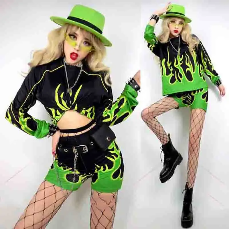 

2021 Hip-Hop New DJ Red Green Flame Printing Long-Sleeved Top Shorts Women Costume Performance Clothing Rave Outfits