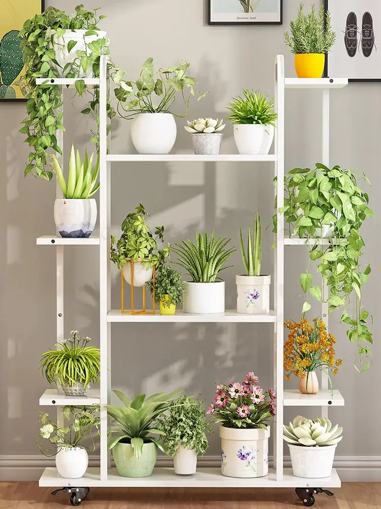Flower Shelf Wrought Iron Indoor Multi-layer Simple Balcony Rack Living Room Floor Fleshy Green Dill With Wheels Po | Дом и сад