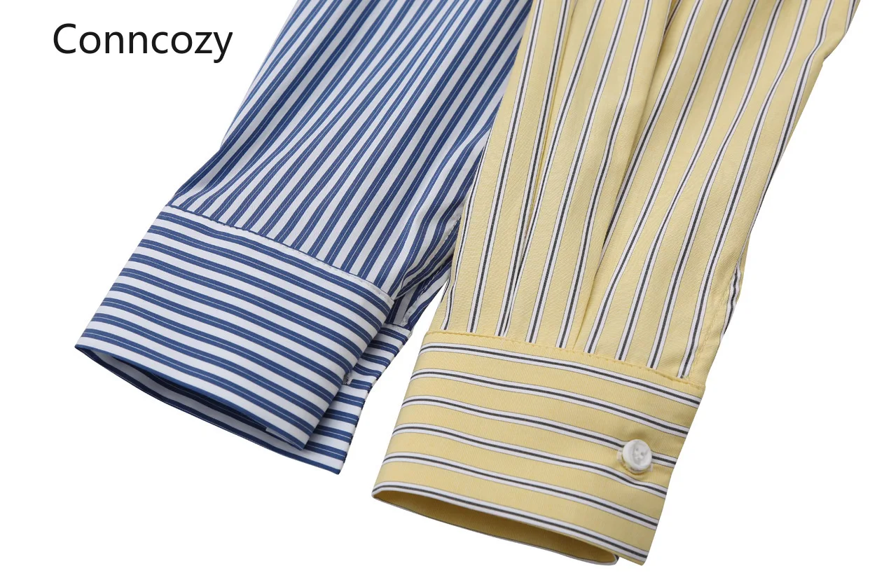 

Blue Striped Split Big Size Blouse Women New Lapel Long Sleeve Loose Fit Shirt Fashion Tide Autumn Blouses Women's Clothing