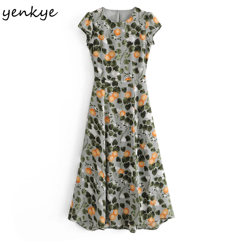 

YENKYE Sexy Backless Vintage Lemon leaves Print Dress Women O Neck Short Sleeve A-line Chiffon Summer Dress Long Robe Longue