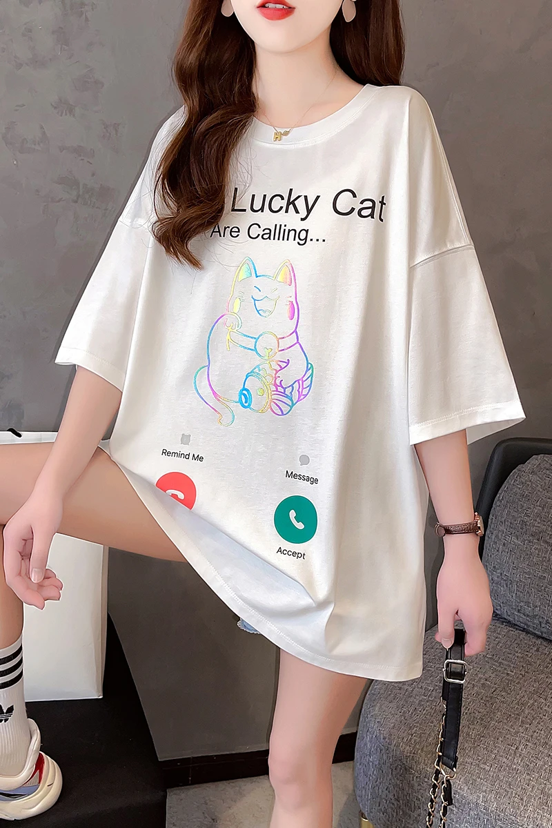 

Houthion Women T-shirt New Loose Plus Size Casual Fashion T Shirt Mid-length Short Sleeve Cartoon Print O-neck Top Summer