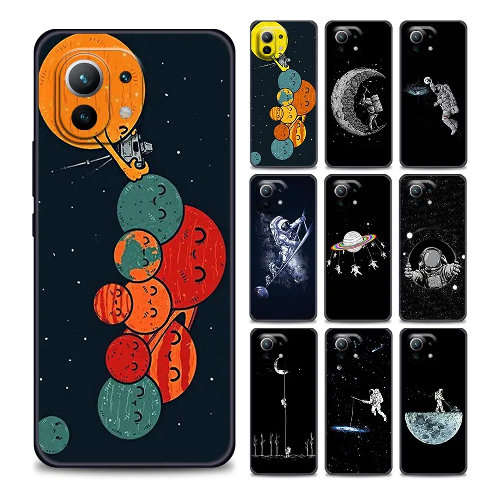 

Cute Cartoon Funny Spaceman Black Phone Case for Xiaomi Mi 11Lite i Ultra X T EN PocoF1 X3 NFC GT M3 F3 GT M4 Pro Soft Silicone