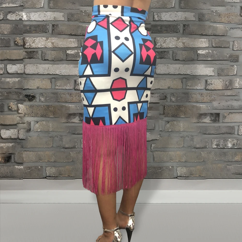 Юбка с высокой талией принтом и кисточками нестандартная африканская бахрома