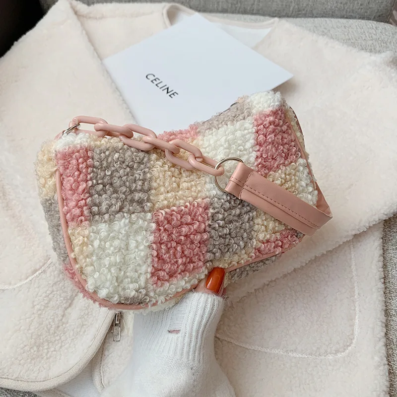 

Plush Bag Women's 2021 New Fashion Net Red Tweed Korean Plush Underarm Bag Contrast Single Shoulder Messenger Faux Fur