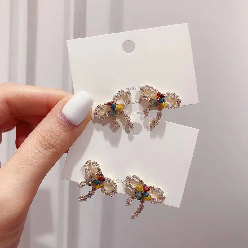 MWsonya новые корейские милые серьги гвоздики с кристаллами и бантом из циркона для