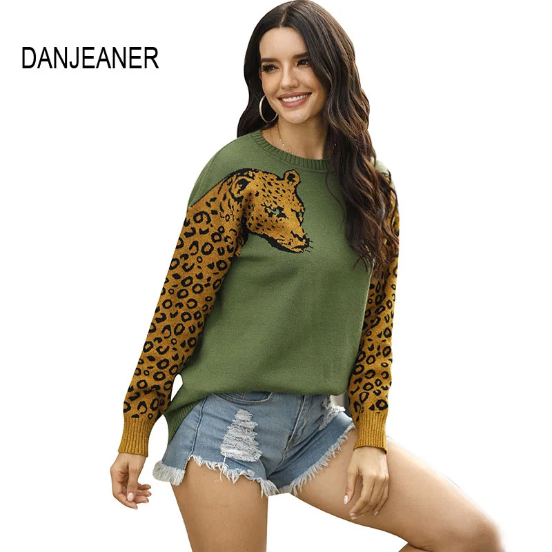 

DANJEANER Autumn Knitted Sweater for Women Leopard Pattern Long Sleeve Knitting Sweaters Pullovers Female Winter Loose Jumpers