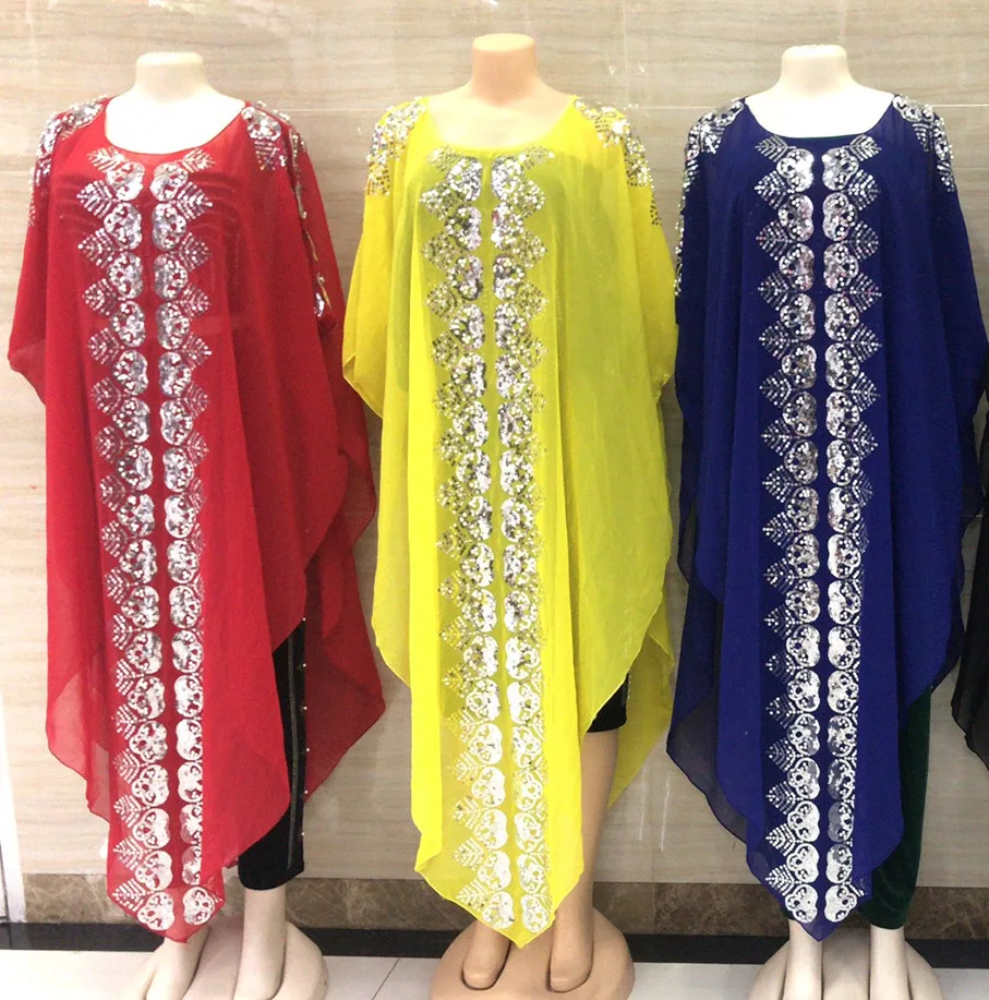 

New Style African Women's Clothing Dashiki Abaya Fashion Chiffon Fabrics Nail Bead Sequins Loose Dress Free Size One Piece