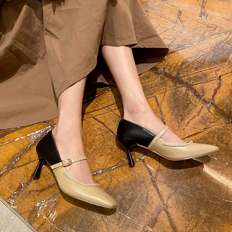 

Asumer 2021 Newest Pumps Women Genuine Leather Shoes Pearl Buckle Square Toe Mixed Colors Single Shoes Women Mary Jane Shoes