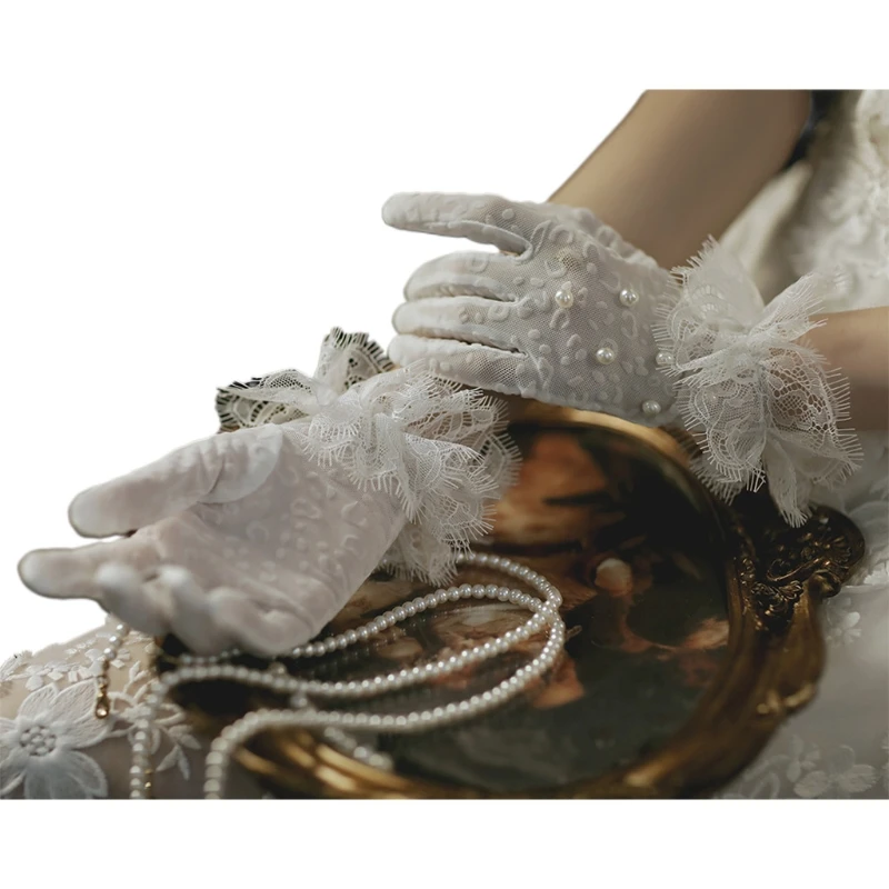 

87HC Women Vintage Sunscreen Full Finger Short Gloves Solid Color Sheer Floral Lace Jacquard Ruffles Trim Driving Mittens