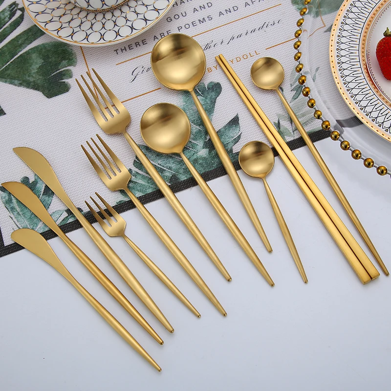 

Matte Gold Cutlery Set 18/10 Stainless Steel Round Hanglde Dinnerware Sets Dining Spoon Fork Knife Chopsticks Set Tableware Gold