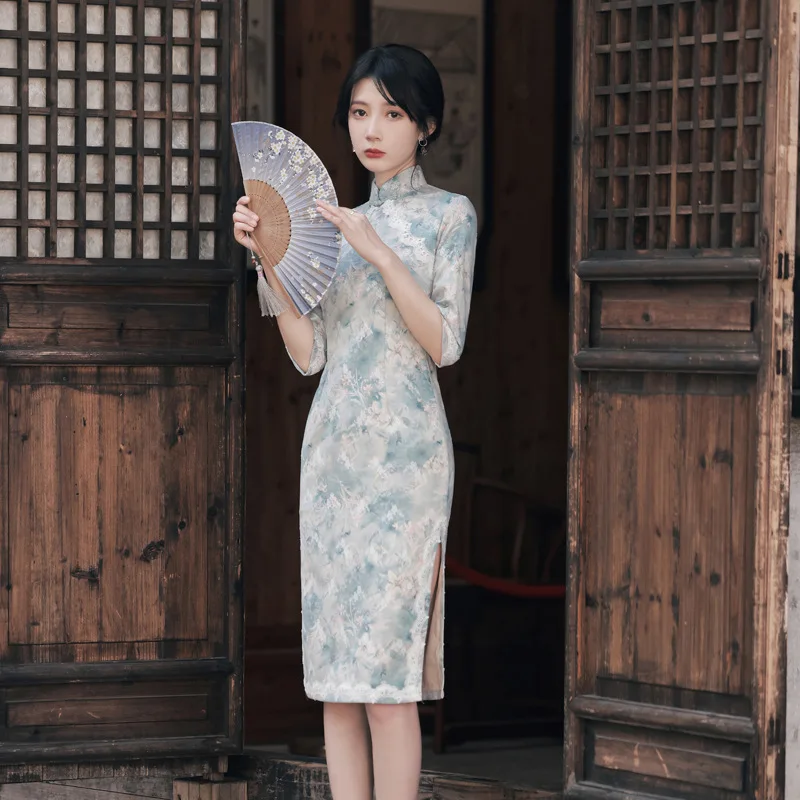 

Vintage Button Lace Patchwork Chinese Prom Dress Sexy Slim Print Qipao Women Classic Mandarin Collar Cheongsams Print Slit Gown