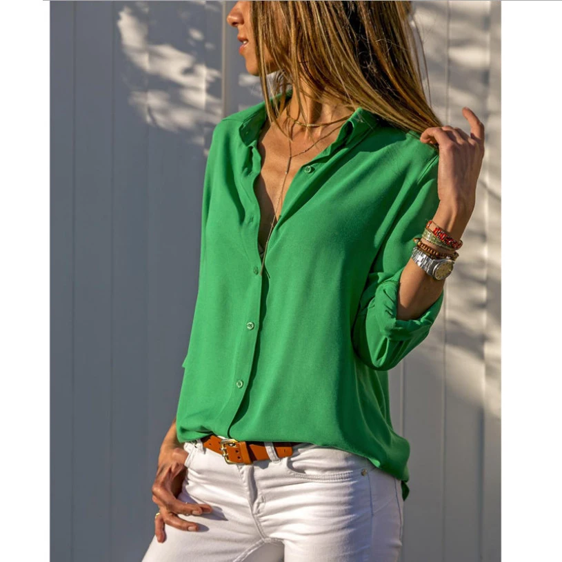 Женские белые блузки основные продажи Однотонная футболка на пуговицах для
