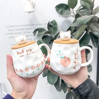 cartoon pig head peach ceramic mug cup with spoon lid drinkware accessories couple children christmas milk coffee cup gift