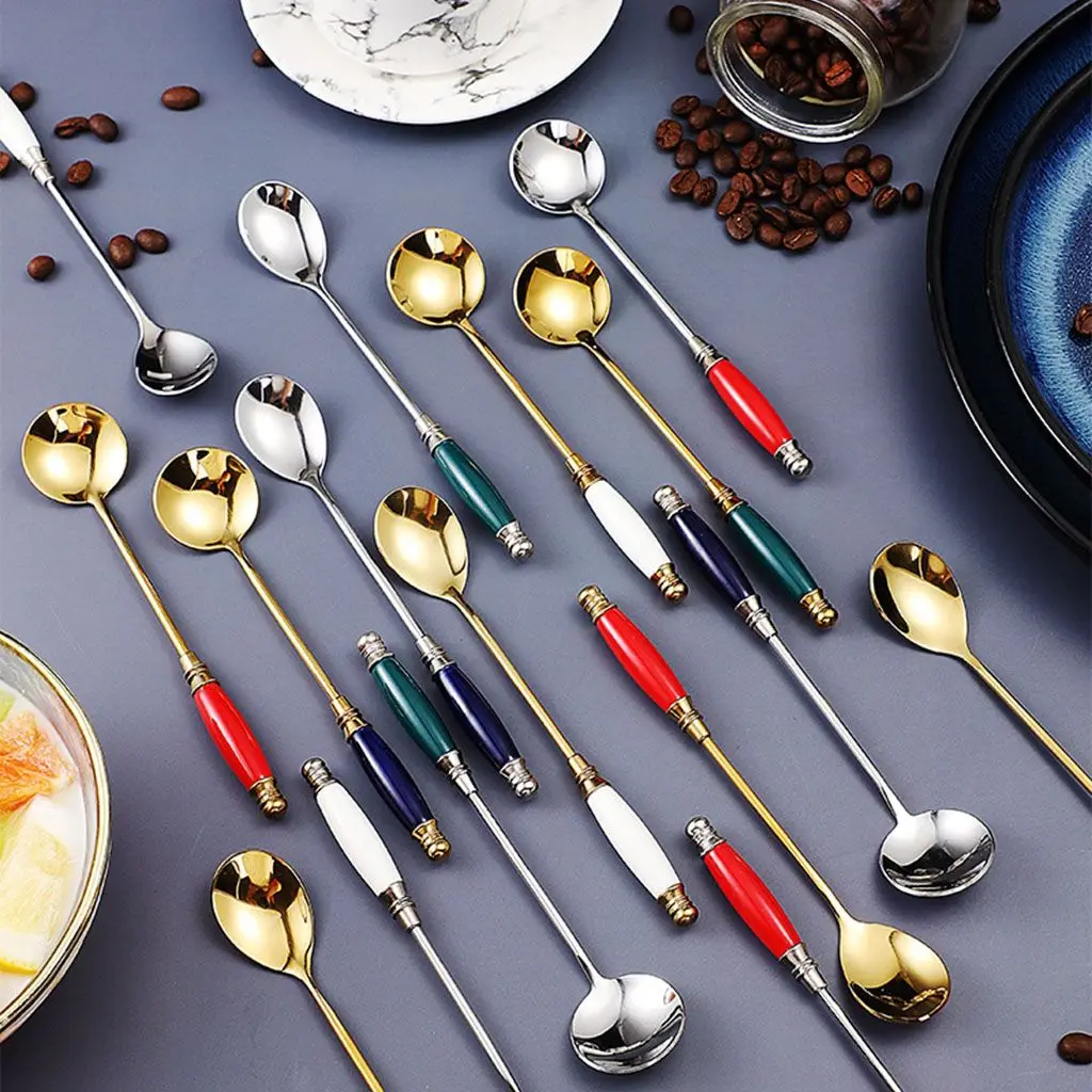 

304 Stainless Steel Stirring Spoon European Retro Ceramic Handle Drink Spoon Dessert Small Spoon Mug Coffee Spoon