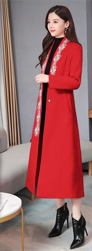 Красный Женское осеннее и зимнее пальто китайский cheongsam ретро китайский стиль Hanfu улучшенное плотное шерстяное кружевное пальто - Цвет: Красный