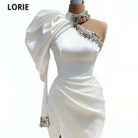 lorie arabic evening dresses 2021 high neck beaded crystal one sleeves white prom gowns side split satin mermaid party dress