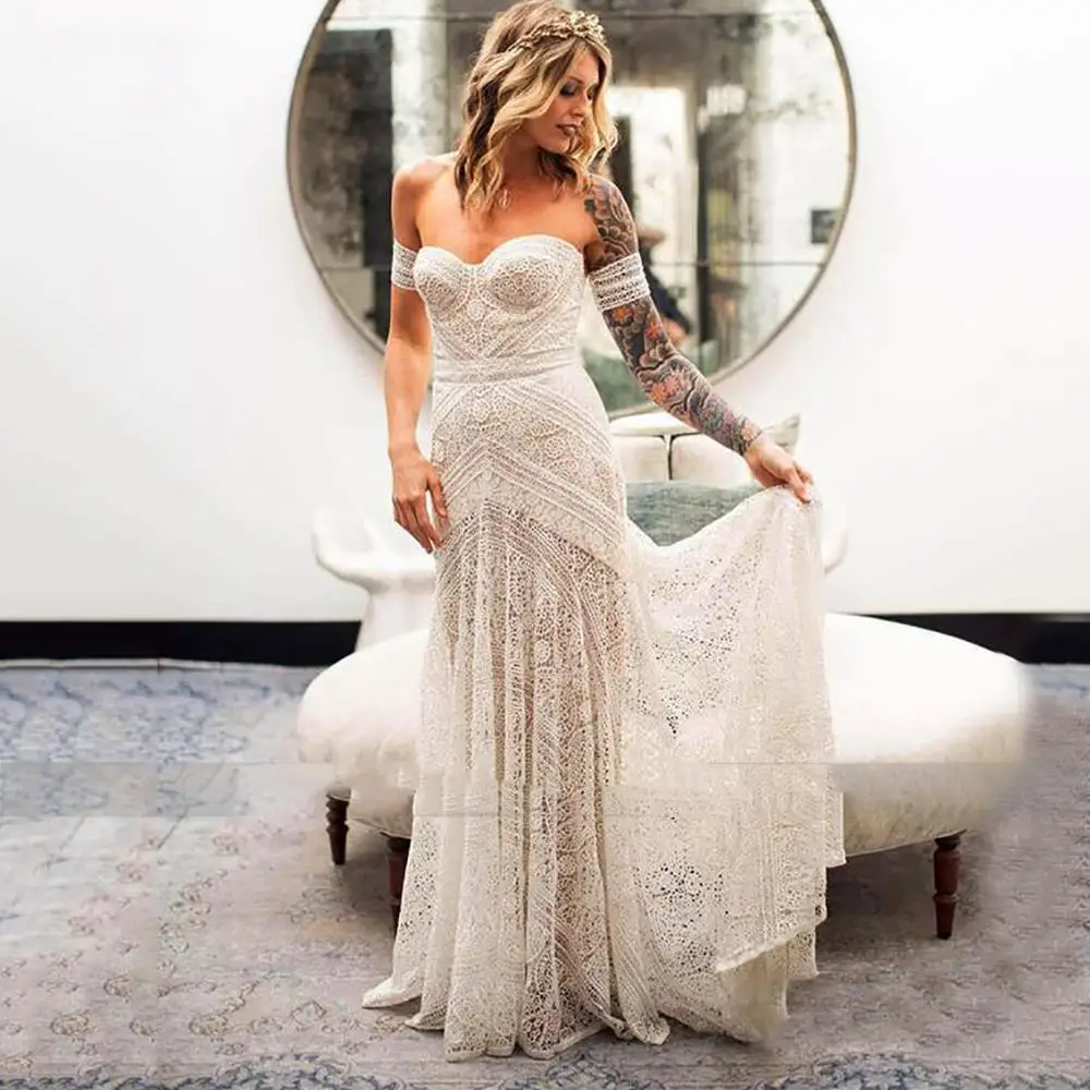 cheap wedding dresses Boho Mermaid Lace Wedding Dresses 2021 Off the Shoulder Trumpet Bridal Gowns Long Beach Wedding Gowns For Bride vestido de novia summer wedding guest dress